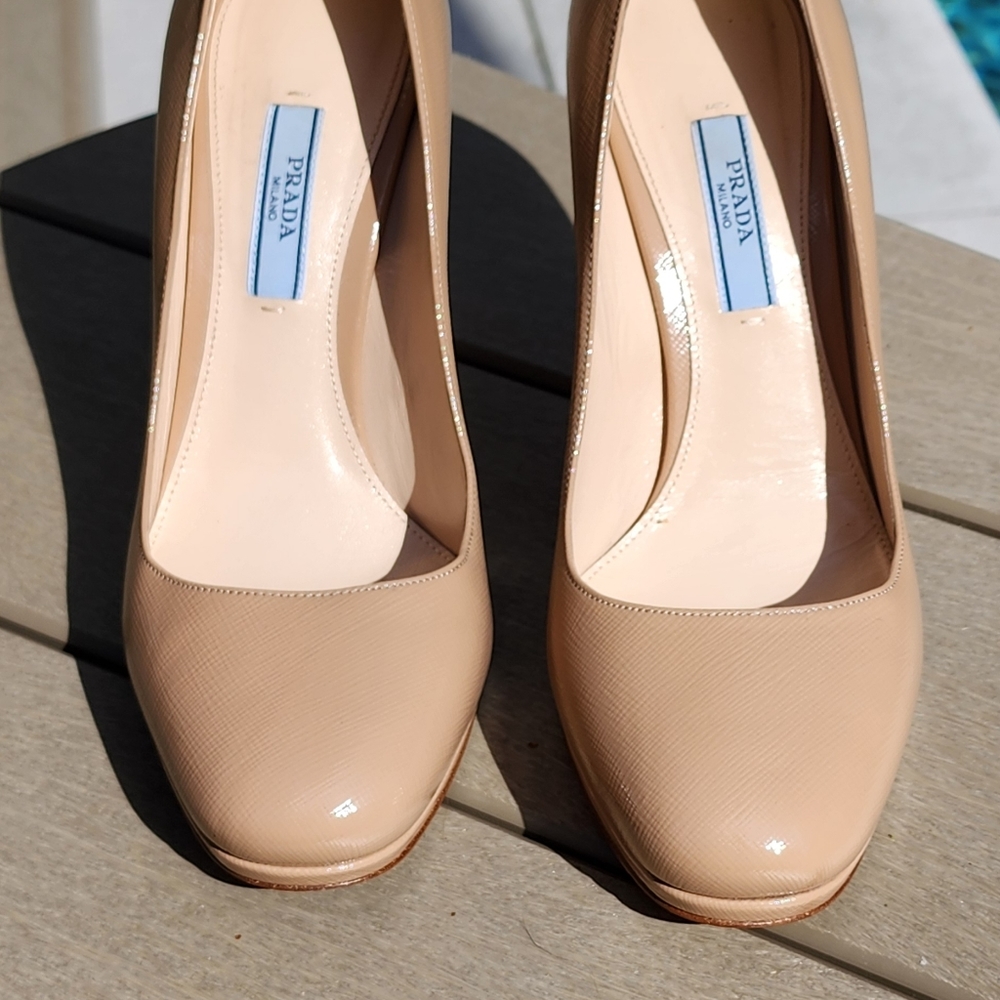 Prada Platform Nude Patent Leather Stiletto Heel, Size 38
